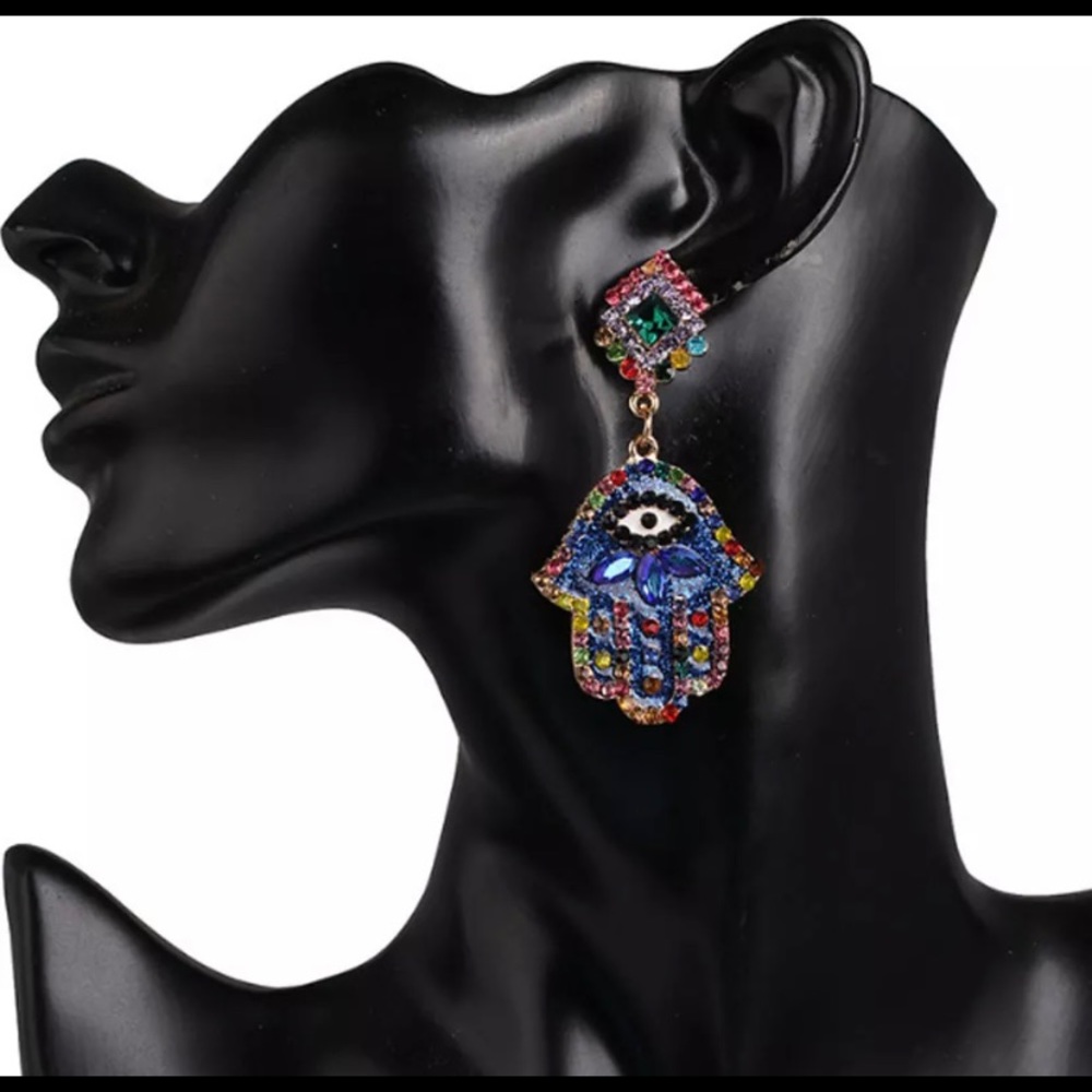Hamsa Hand Handmade Rhinestone Earrings